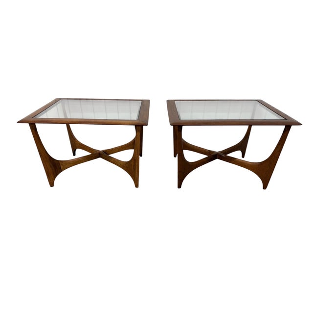 Lane Furniture Mid-Century Modern Lane "Silhouette" Walnut Glass Top Side Tables - Set of 2 For Sale - Image 4 of 9