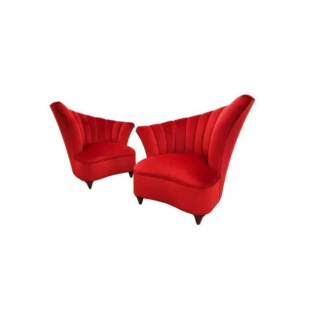 Wood Hollywood Regency Scalloped Asymmetrical Red Velvet Chairs - A Pair For Sale - Image 7 of 9