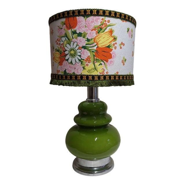 Vintage Table Lamp with Internally Lit Green Glass Base on Chrome-Plated Metal Mount with Handmade Fabric Shade by Lamplove, 1970s For Sale