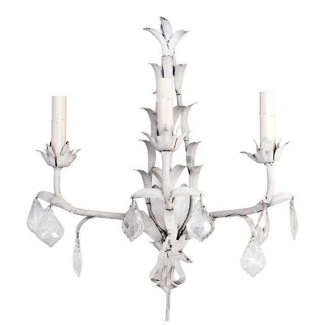 1960s 1960s Italian Painted Metal & Crystal Wall Sconces /Three Lights - a Pair For Sale - Image 5 of 12