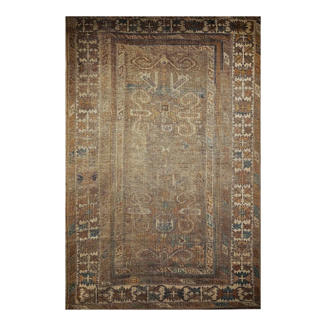 19th Century Caucasian Shirvan Perpedil Area Rug in Camel Hair, Ivory & Green For Sale