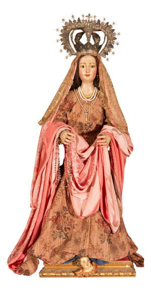 18th Century Colonial Peruvian Maguey Wood Virgin with Silver Crown