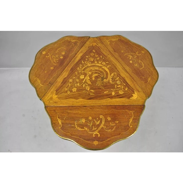 French Antique French Louis XV Style Satinwood Inlay Bronze Ormolu Drop Leaf Side Table For Sale - Image 3 of 10