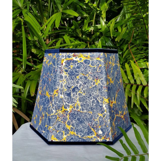 Large Blue Yellow Red Marbled Paper Lampshade Hexagon Frame Velvet and Grosgrain Trim For Sale - Image 6 of 10