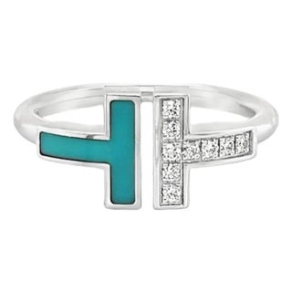 Tiffany & Co. Diamond & Turquoise 18k White Gold T Wire Ring - Size 6 For Sale