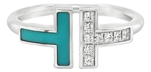 Tiffany & Co. Diamond & Turquoise 18k White Gold T Wire Ring - Size 6