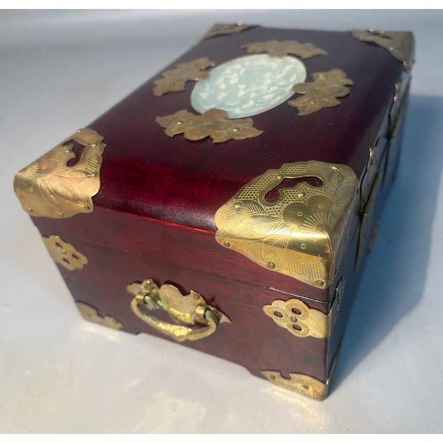Asian Antique Rosewood Jewelry Box Brass Mounts Shanghai China Silk Brocade Lined For Sale - Image 3 of 9