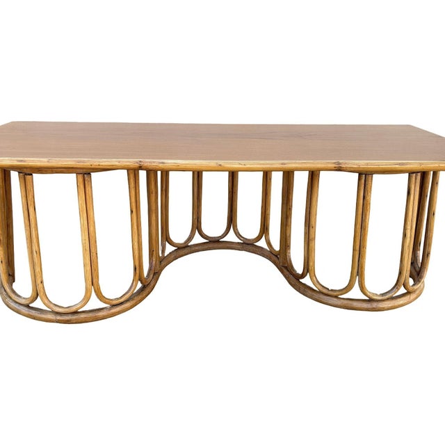 1940s Restored Rattan and Mahogany Coffee Table with Wavy Base For Sale - Image 4 of 6