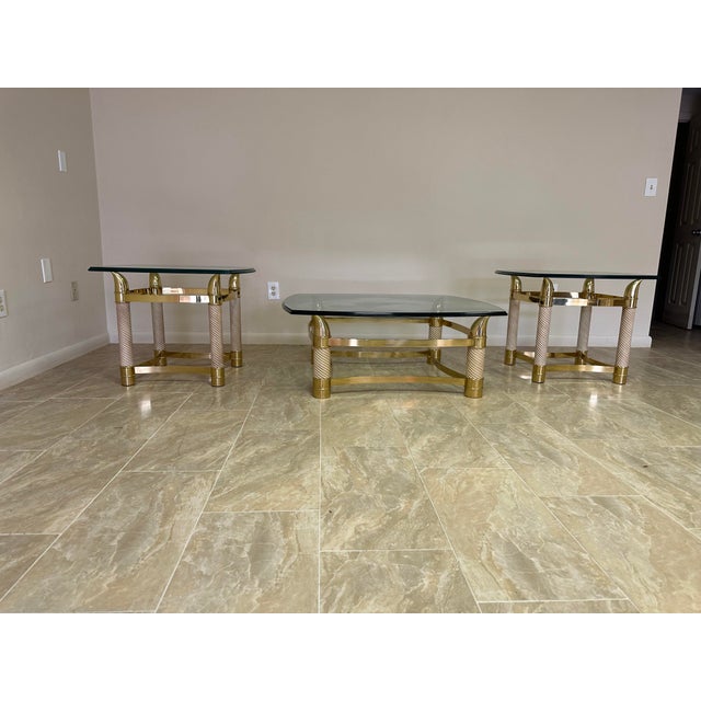 1980s Vintage Italian Brass Horn 1 Coffee and 2 End Tables Thick Glass - Set of 3 For Sale - Image 11 of 12