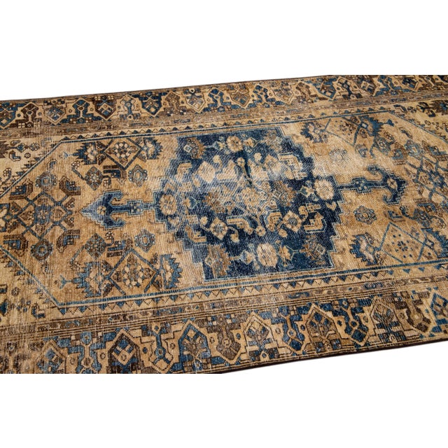 1960s Vintage Persian Distressed Handmade Geometric Tan Wool Rug For Sale In New York - Image 6 of 7