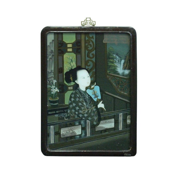 Vintage Chinese Reverse Painting Glass Lady Portrait Wall Art For Sale