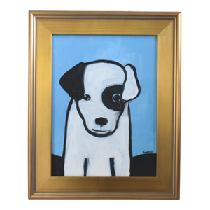 Folk Art Doggie Dog Puppy Oil Painting Including the Antiqued Gold Wood Frame