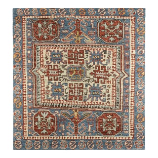 Rug & Kilim’s Caucasian Style Square Rug in Blue With Geometric Medallions For Sale