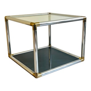 1970s Vintage Milo Baughman Style Mid-Century Modern Glass Chrome & Brass Side Table For Sale