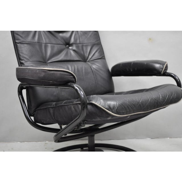 Vintage Black Leather Ekornes Stressless Style Swivel Recliner Lounge Chair For Sale - Image 9 of 17