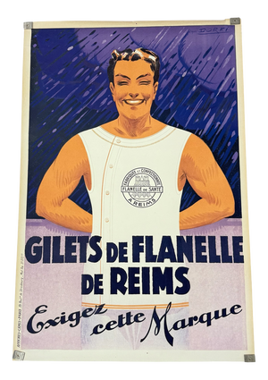 Antique French Advertising Poster Reims Flannel Vests, 1920s