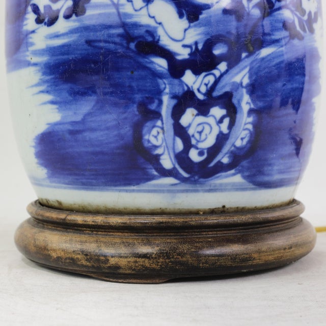 Blue and White Antique Porcelain Vase Lamp With Cobalt Floral Motif on Wood Base For Sale - Image 11 of 16