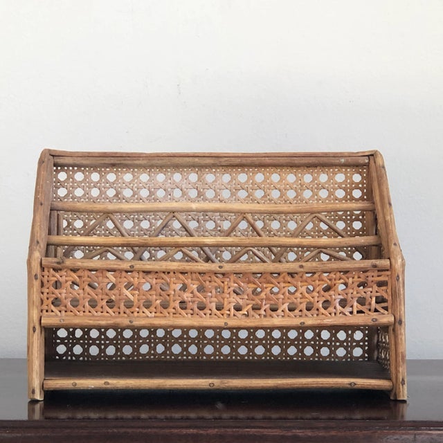 Rustic Vintage Mid-20th Century Wood & Cane Desk Organizer For Sale - Image 3 of 12