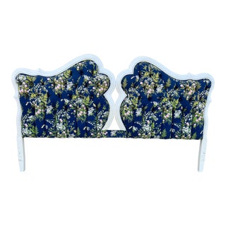 Vintage Curved and Scalloped Edge Solid Wood King Size Headboard With Padded Button Tuft Floral Fabric Front For Sale