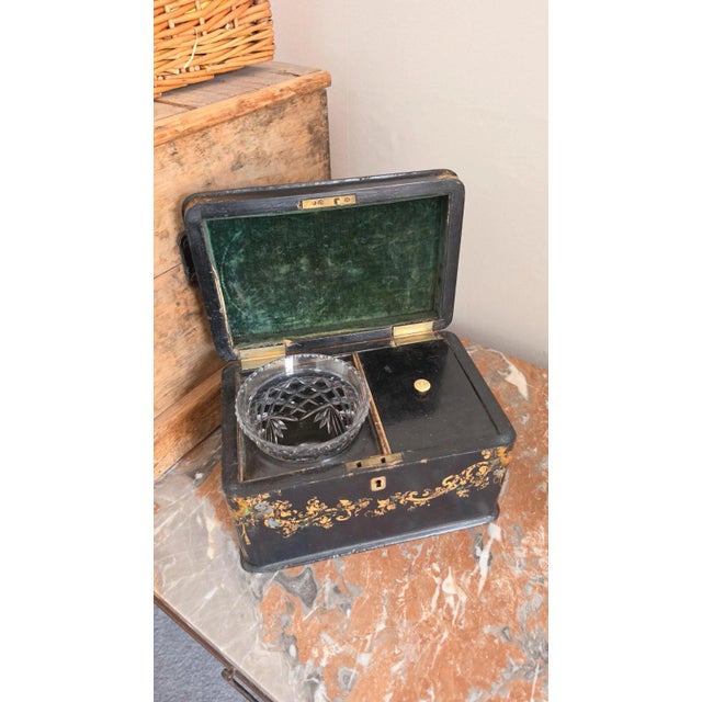 Antique Victorian Papier Mache Tea Caddy Mother of Pearl Inlay Black Lacquer Box Cut Crystal Mixing Bowl 19th Century For Sale - Image 12 of 17