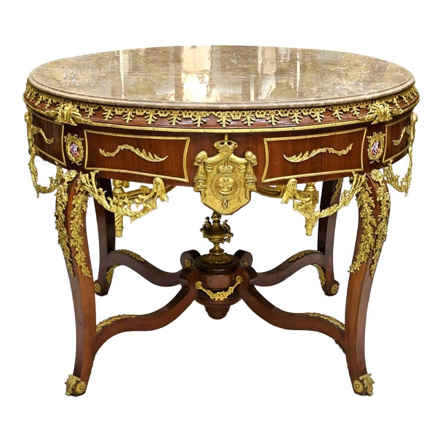 1990s French Style Center Table – Wood Base With Gold Leaf Details For Sale
