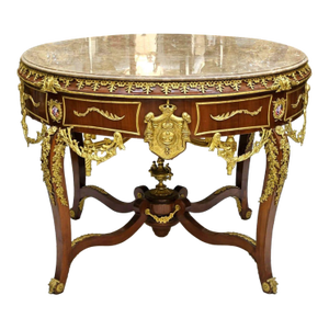 1990s French Style Center Table – Wood Base With Gold Leaf Details