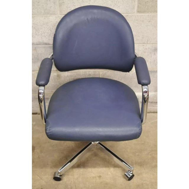 Mid-Century Modern Vintage Chromcraft Mid Century Modern Blue Vinyl Rolling Office Desk Chair (A) For Sale - Image 3 of 10
