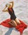 Girl On A Red Beach Towel by Toni Frissell Beachwear fashion shoot, 1947 featuring a girl on a red beach towel in a dark...