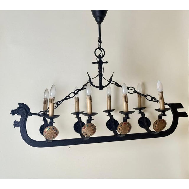Art Deco Cast Iron Viking Longboat Chandelier, 1940s For Sale - Image 12 of 18