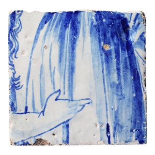 18th Century Portuguese Tile Lady’s Hand & Dress Blue & White Antique Hand Painted For Sale