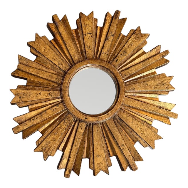 Vintage Gold Sunburst Mirror | Molded Resin Starburst Wall Mirror For Sale