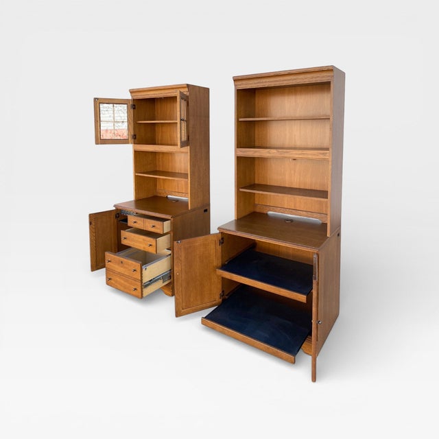 Transitional 1990s Pair of Cottage Style Oak Hutch Cabinets With Glass Doors For Sale - Image 3 of 18