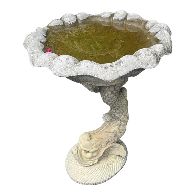 Vintage Scalloped Cast Stone Dolphin Birdbath For Sale