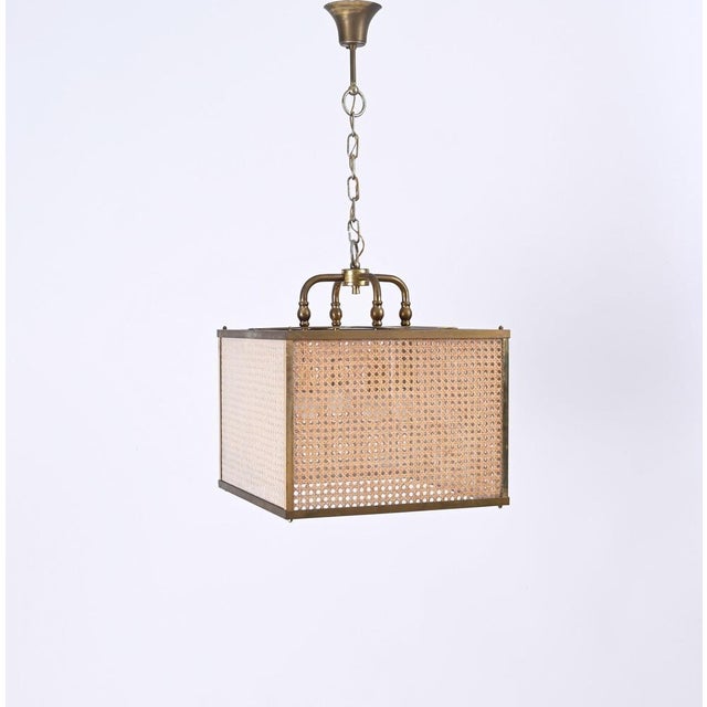 Vienna Straw Wicker, Glass Square & Brass Chandelier Lamp, Italy, 1950s For Sale - Image 15 of 17