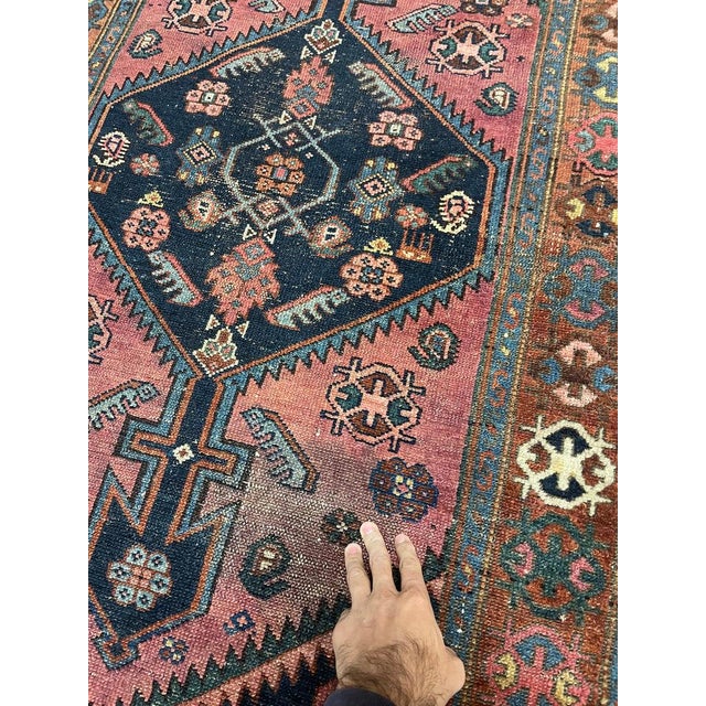 Tribal Rug with COPPER Border, Pinks, Deep Blues & Salmon 3.3 x 5.8 For Sale - Image 9 of 11