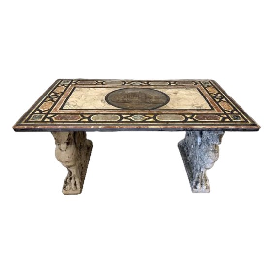 Mid 20th Century Italian Pietra Dura Marble Inlay Table With Ornate Carved Stone Pedestal For Sale