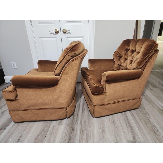 Sears Vintage Rust Colored Tufted Velvet Rocking and Swivel Club Chairs- A Pair For Sale - Image 4 of 11
