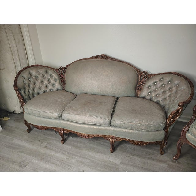 Victorian Antique Hand Carved Victorian Sofa and Chair For Sale - Image 3 of 17