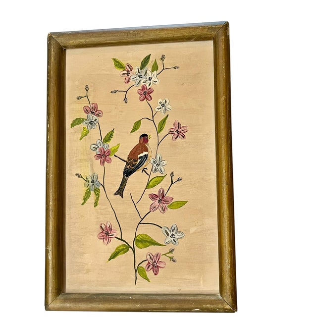 Gold Mid 20th Century Set of Two Vintage French Bird and Butterfly Paintings For Sale - Image 8 of 12