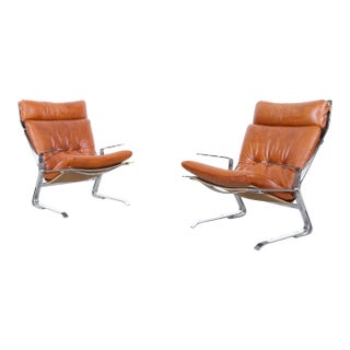 Mid-Century Leather and Chrome Lounge Chairs by Elsa and Nordahl Solheim, 1970s For Sale