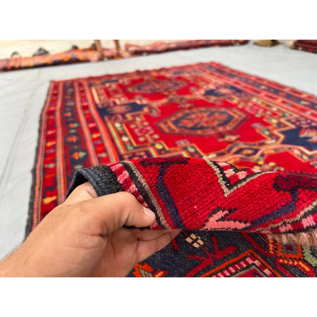 Textile Vintage Tribal Caucasian Persian Rug Hand-Knotted Wool Red Blue Soft Carpet For Sale - Image 7 of 10