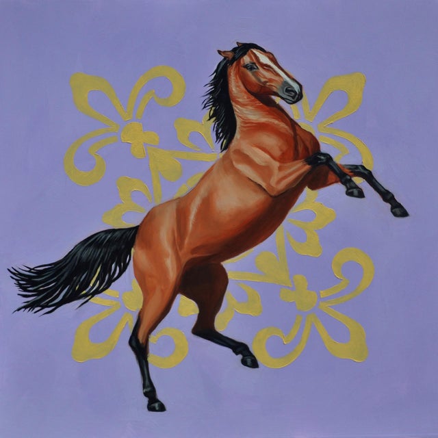 This oil painting features a dynamic depiction of a leaping horse, its powerful form set against a vibrant purple...