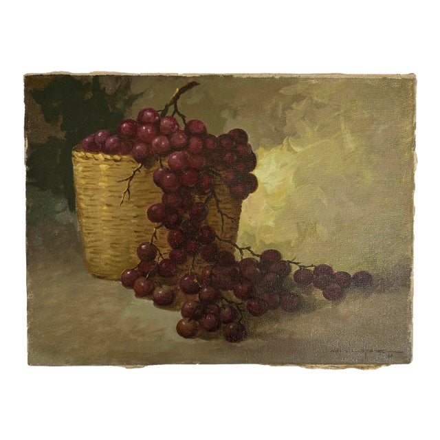 Still Life Painting of Grapes in Basket 1966 For Sale