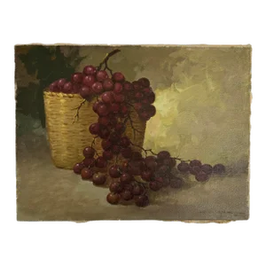 Still Life Painting of Grapes in Basket 1966