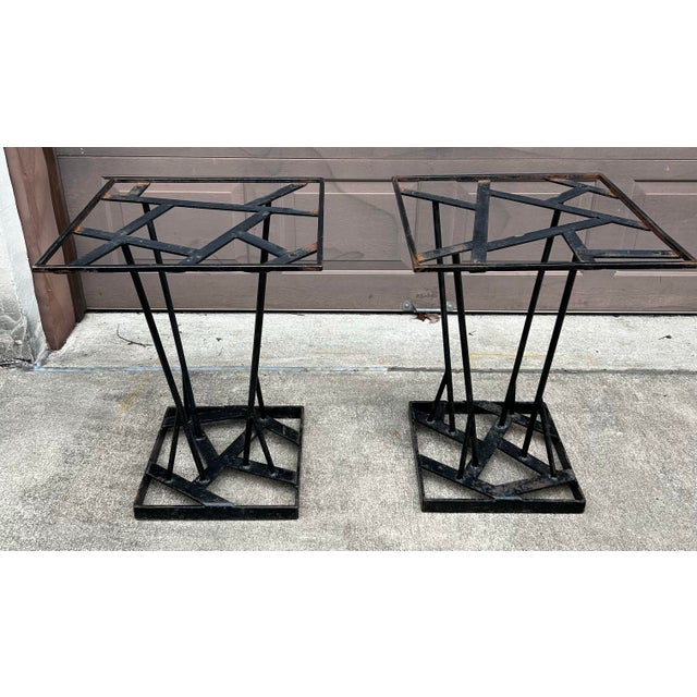 Vintage Brutalist Style Hand Wrought Iron Outdoor Glass Top Tables ~ Pair For Sale In Philadelphia - Image 6 of 12
