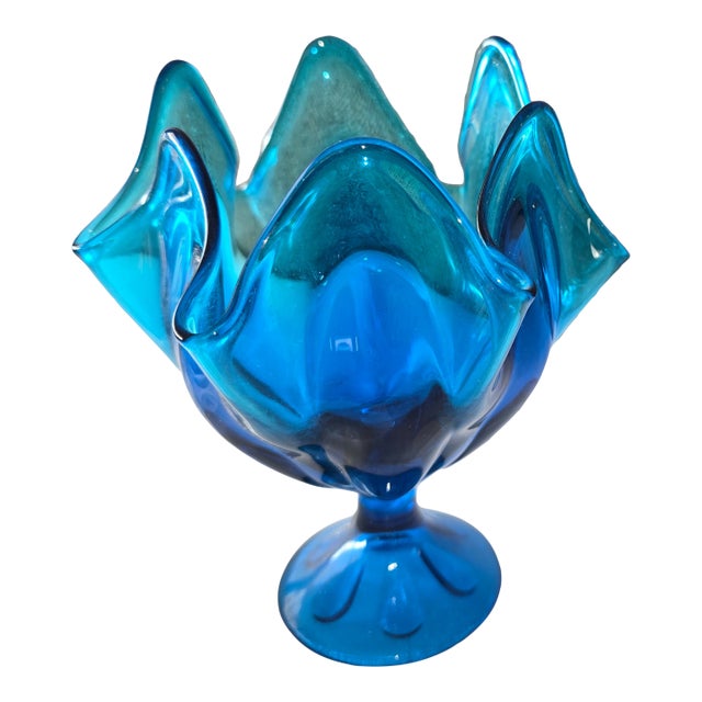 Vintage Mid=century 6 Petal Crimped Compote Hankerchief Vase Glass For Sale