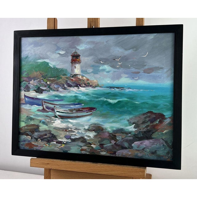 Impressionist Oil Painting on the Lighthouse Shore Before the Storm Yuriy Suprunchuk For Sale - Image 3 of 11