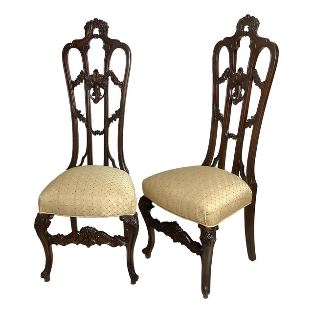 Pair of Late 19th Century Rococo Carved Walnut Tall Back Side Chairs For Sale