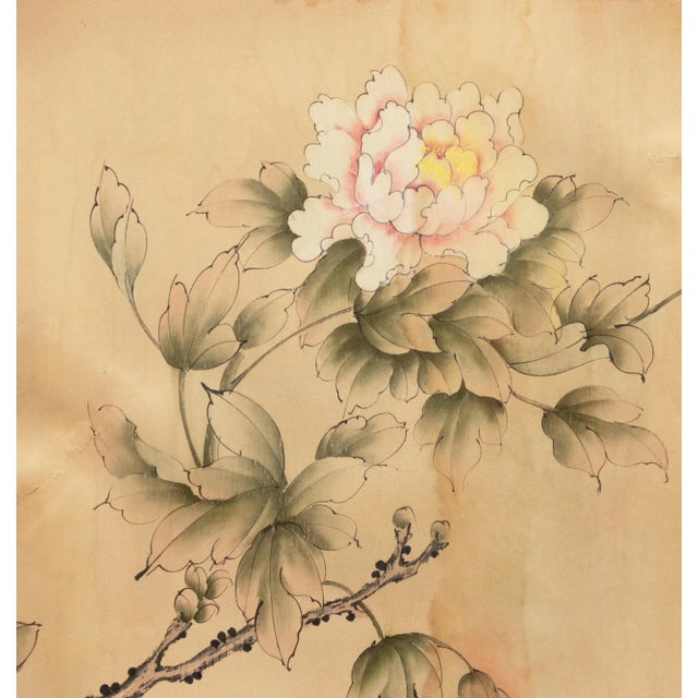 C. 1950s Vintage Chinese Watercolor Scroll Painting of Peony Flower on Silk For Sale - Image 9 of 9