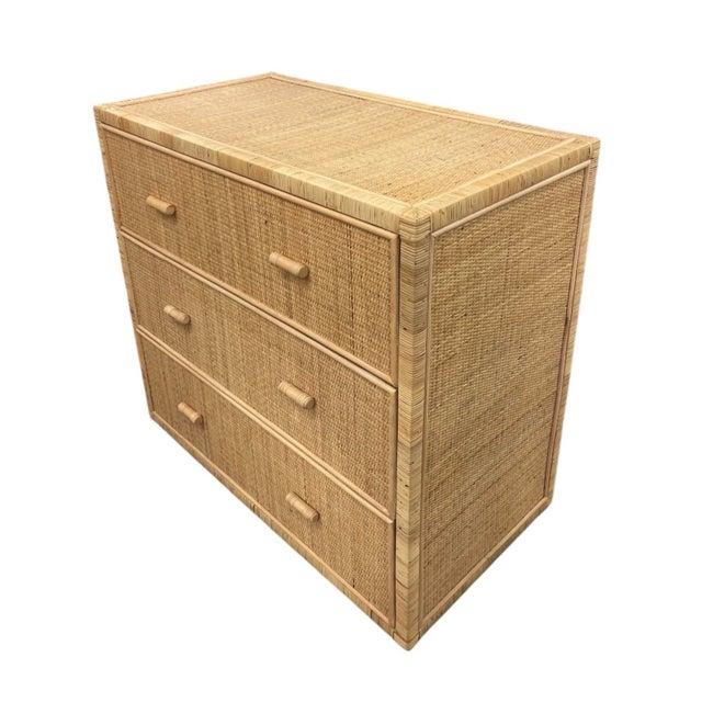 Boho Chic Vintage Palm Beach Style Woven Wicker & Pencil Reed 3-Drawer Chest For Sale - Image 3 of 12